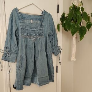 Free People Sonora Light Blue Denim Smocked Top